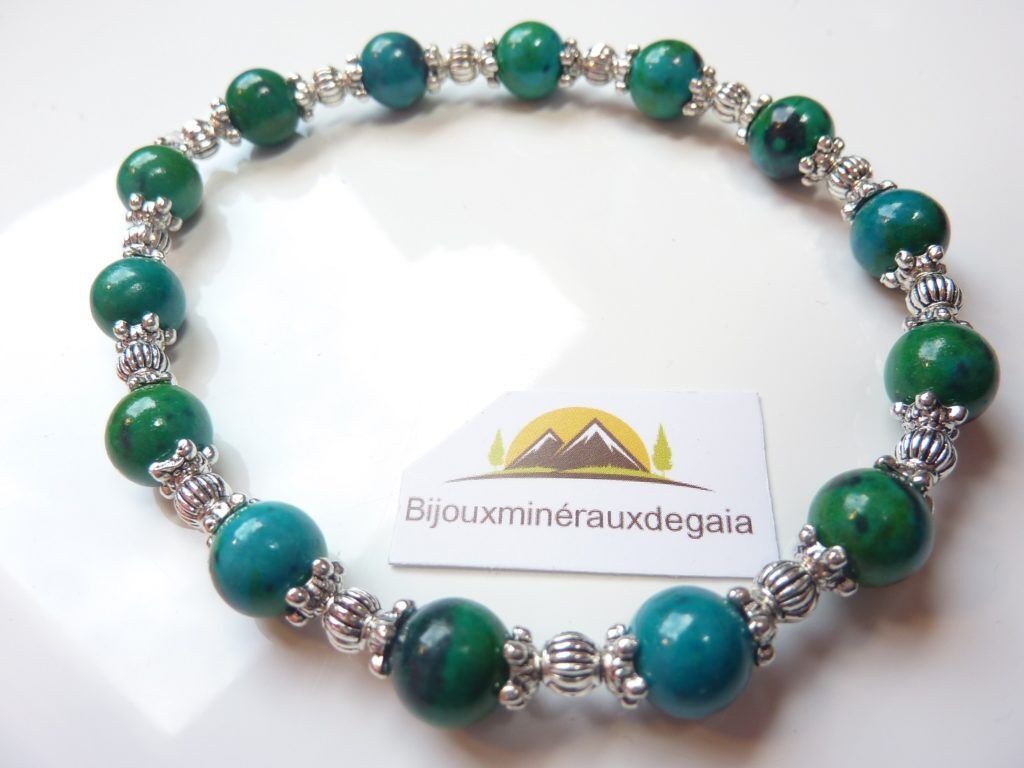 Bracelet azurite chrysocolle perles rondes à 8mm et argent plaqué