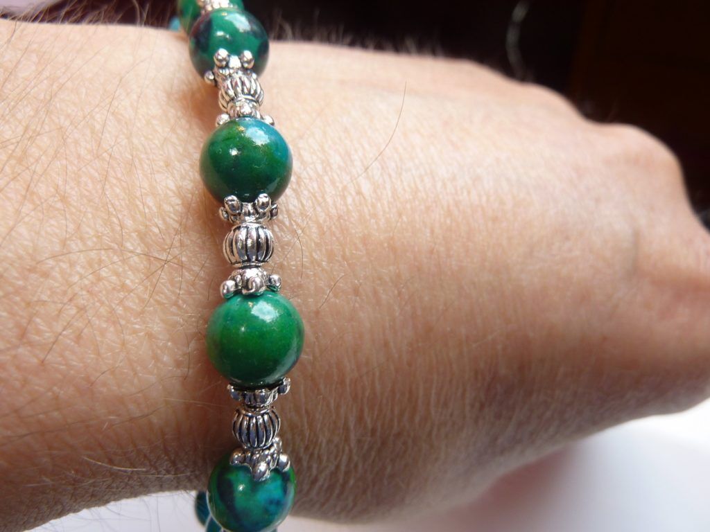 Bracelet azurite chrysocolle perles rondes à 8mm et argent plaqué
