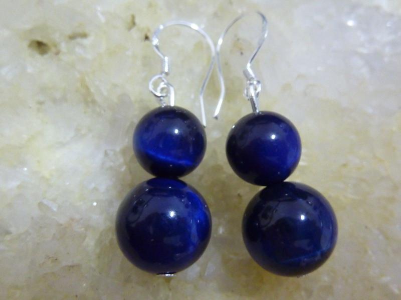 Boucles d'oreilles en pierres naturelles oeil de faucon perles rondes 10 et 8mm