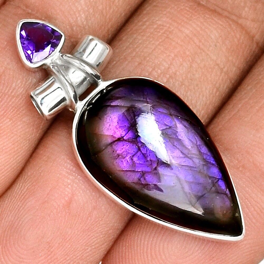 Pendentif protection labradorite violet et améthyste monture argent 925 ref 6455