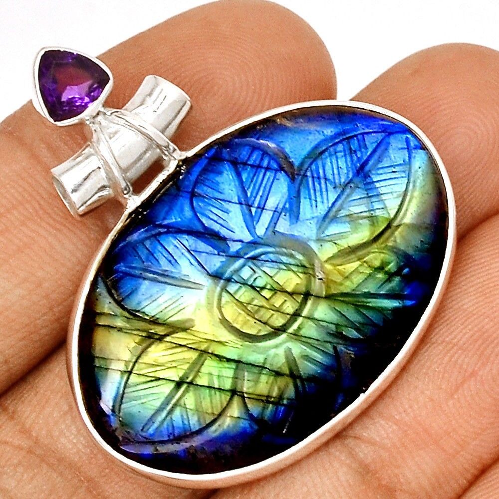 Pendentif protection labradorite et améthyste monture argent 925 ref 6470