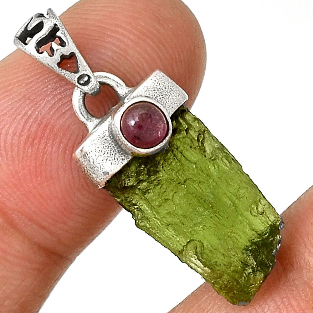 PENDENTIF MOLDAVITE & Tourmaline rose ARGT 925. RARE ! REF 7704