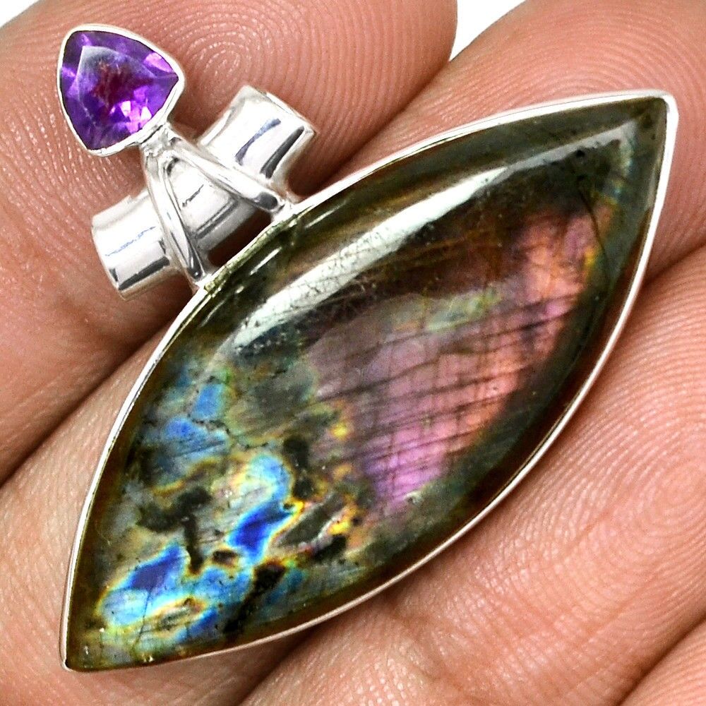 Pendentif Labradorite et améthyste monture argent 925 ref 6544