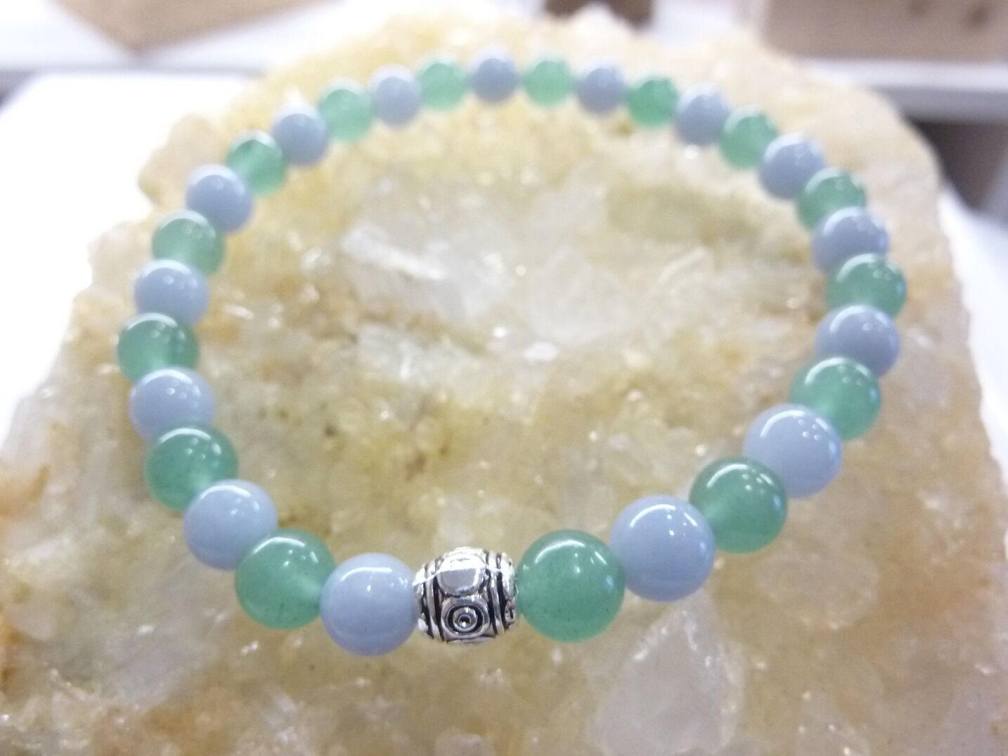 Bracelet aventurine-angélite perles rondes 6 mm