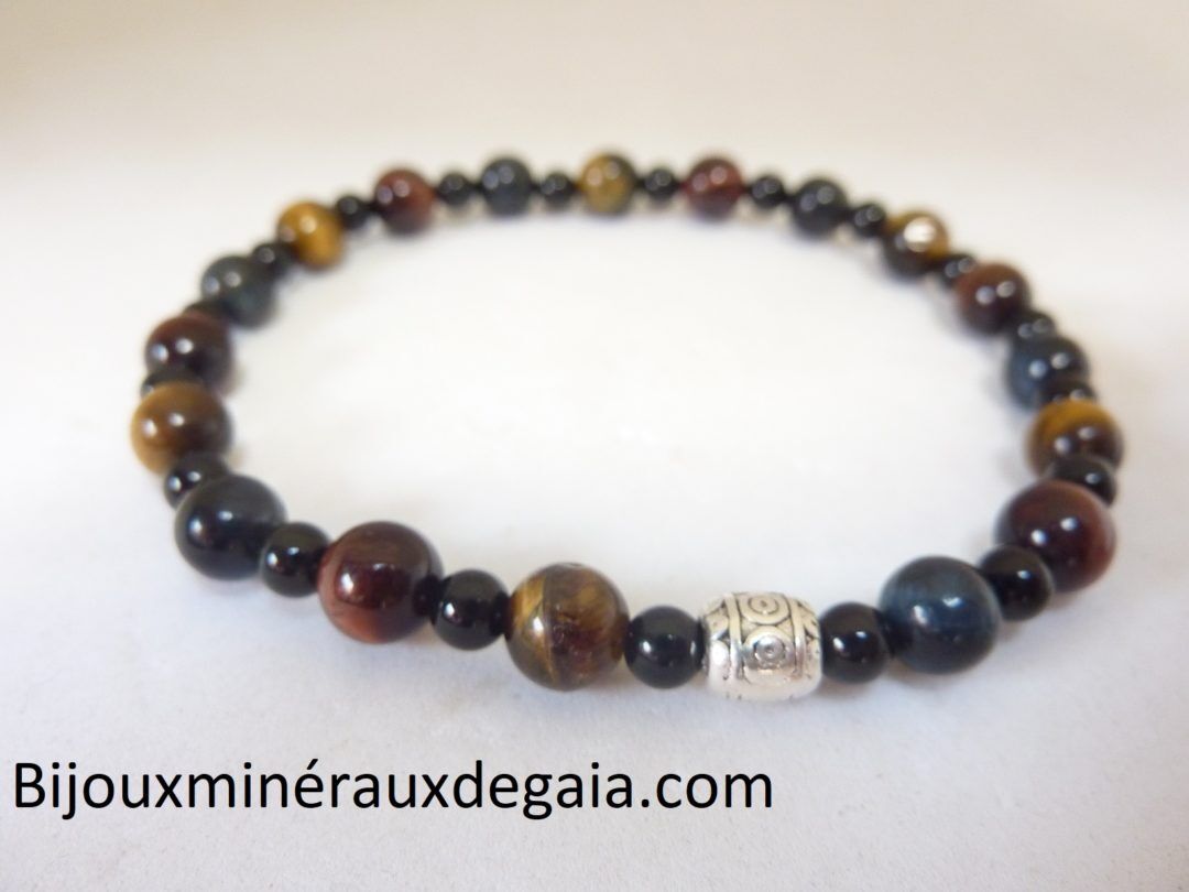 BRACELET OEIL DE TIGRE-FAUCON-TAUREAU-TOURMALINE NOIRE