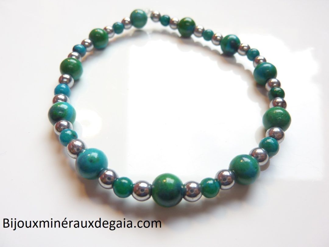 BRACELET AZURITE CHRYSOCOLLE-HEMATITE : PERLES RONDES 6-4 MM