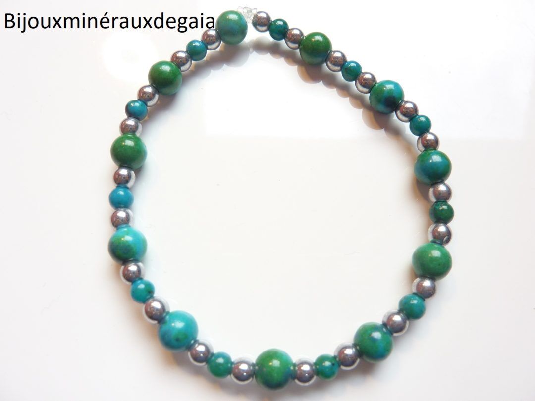 BRACELET AZURITE CHRYSOCOLLE-HEMATITE : PERLES RONDES 6-4 MM