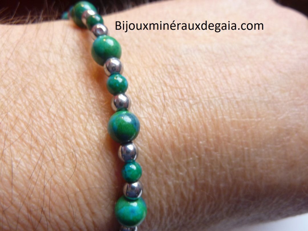 BRACELET AZURITE CHRYSOCOLLE-HEMATITE : PERLES RONDES 6-4 MM