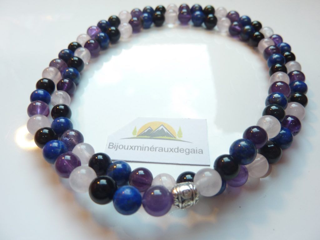 Collier-bracelet Quartz rose-Améthyste-Lapis lazuli-Obsidienne oeil céleste