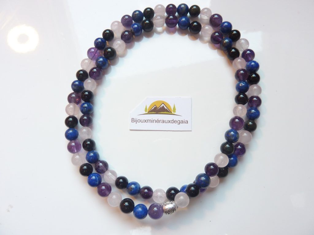 Collier-bracelet Quartz rose-Améthyste-Lapis lazuli-Obsidienne oeil céleste
