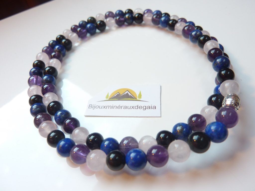 Collier-bracelet Quartz rose-Améthyste-Lapis lazuli-Obsidienne oeil céleste