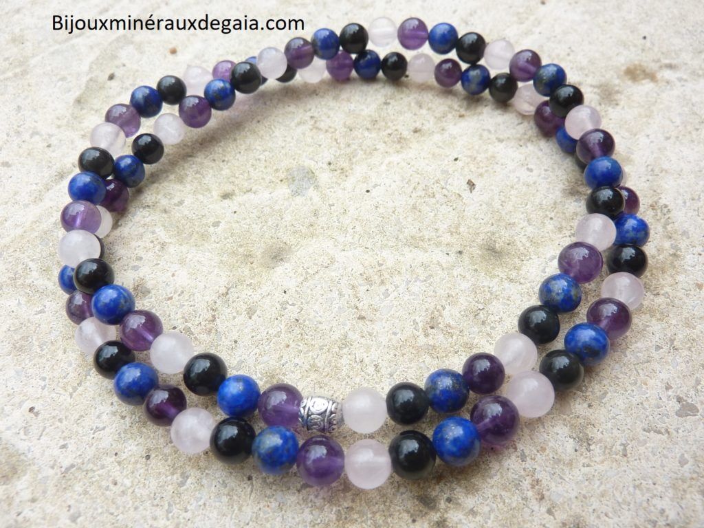 Collier-bracelet Quartz rose-Améthyste-Lapis lazuli-Obsidienne oeil céleste