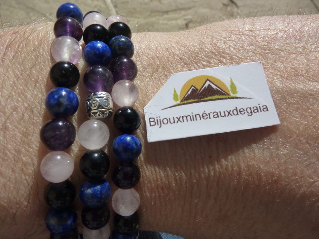 Collier-bracelet Quartz rose-Améthyste-Lapis lazuli-Obsidienne oeil céleste