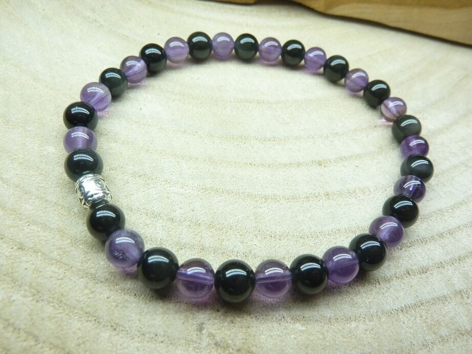 Bracelet Améthyste-Obsidienne oeil céleste perles 6 mm