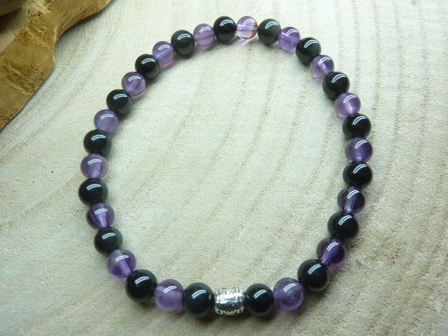 Bracelet Améthyste-Obsidienne oeil céleste perles 6 mm