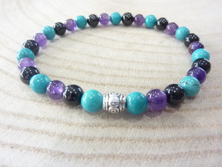 Bracelet Spinelle noir-Améthyste-Turquoise - Perles 6 mm