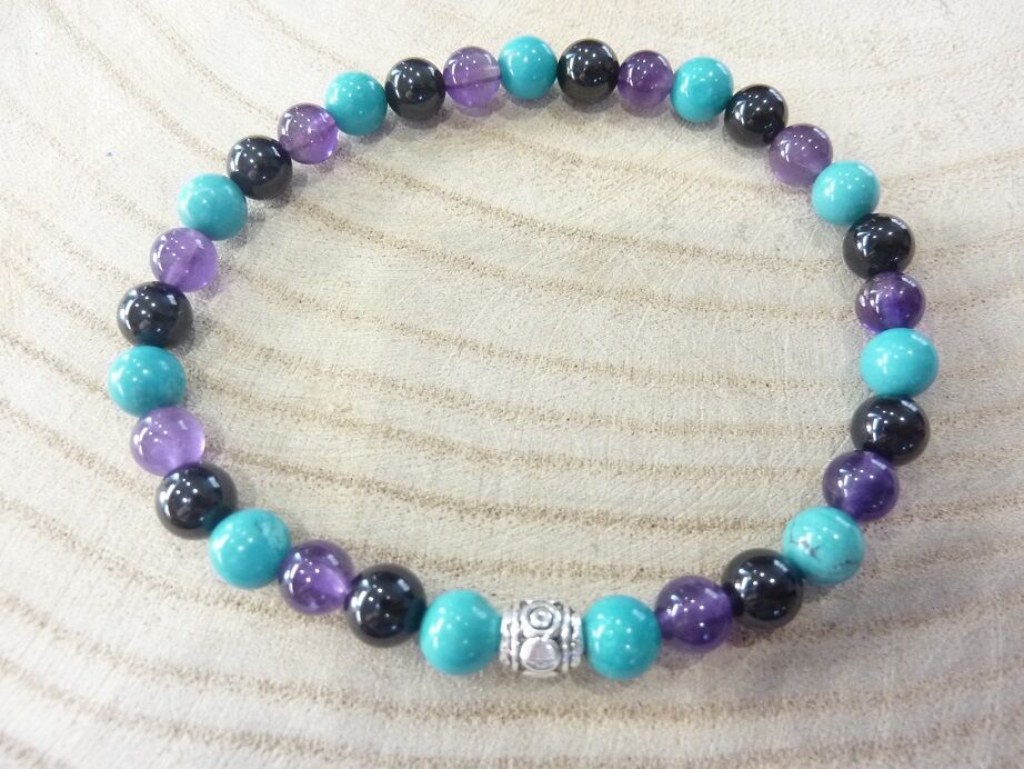 Bracelet Spinelle noir-Améthyste-Turquoise - Perles 6 mm