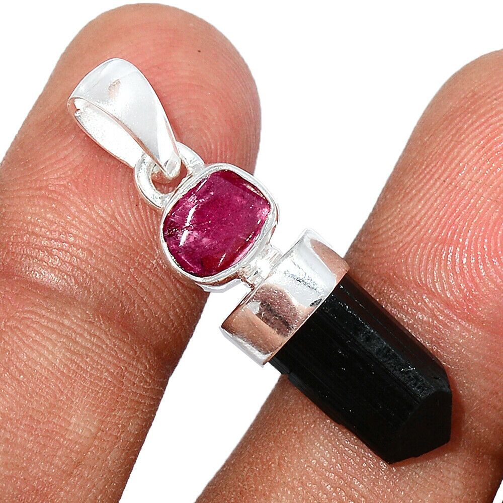 Pendentif tourmaline noire-rose argent 925 ref 0822