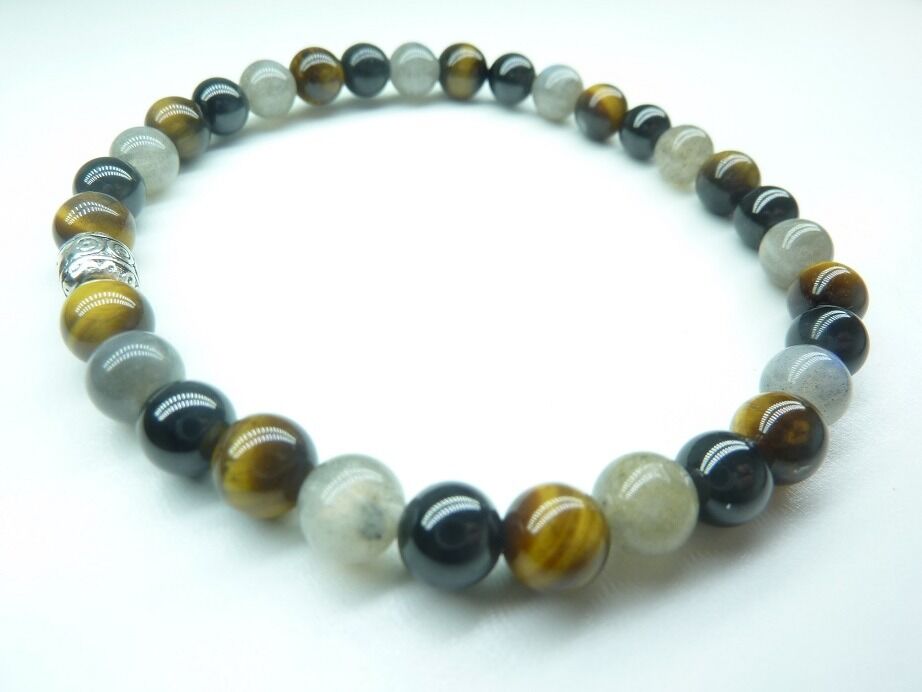 Bracelet Spinelle noir-Oeil de tigre-Labradorite