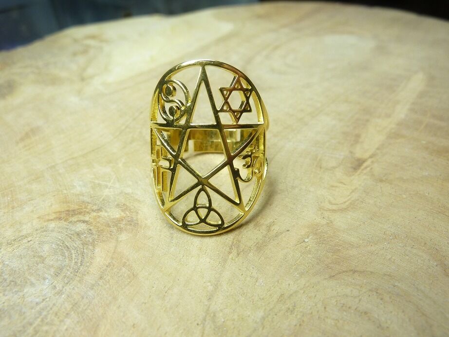 Bague ajustable pentacle multi symboles Or