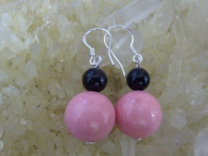 Boucles d'oreilles corail rose tourmaline noire