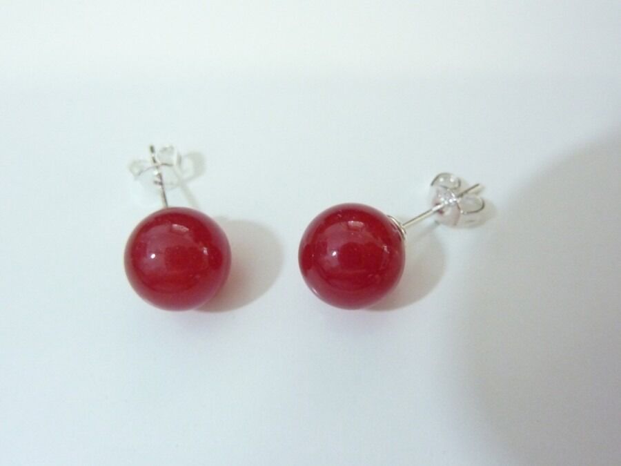 BOUCLES D'OREILLE EN AGATE ROUGE RUBIS PERLES 10 MM