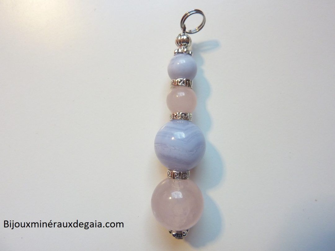 Pendentif calcédoine bleue-Quartz rose rupture amoureuse