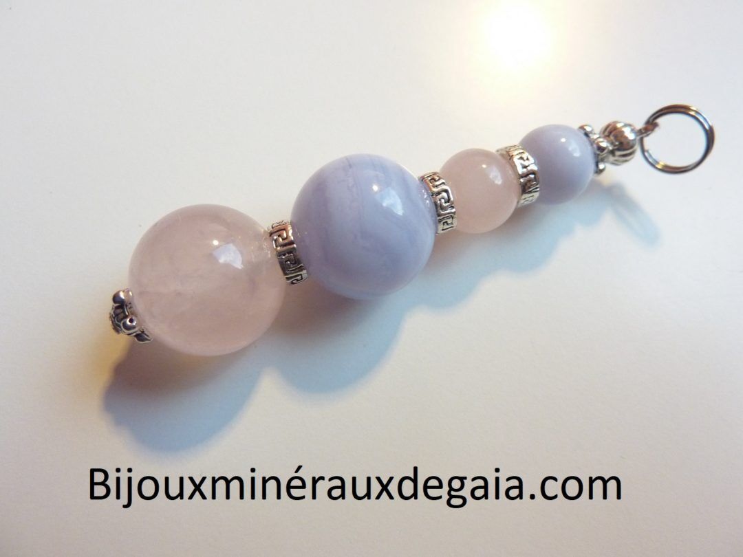 Pendentif calcédoine bleue-Quartz rose rupture amoureuse
