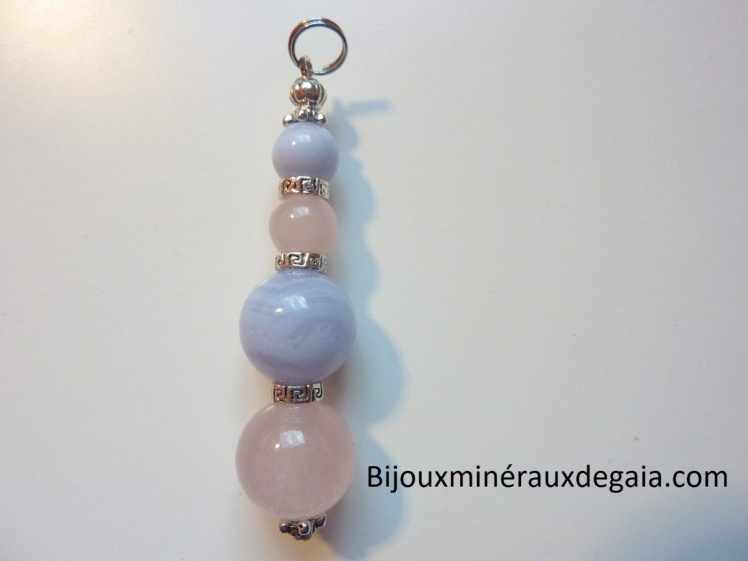 Pendentif calcédoine bleue-Quartz rose rupture amoureuse