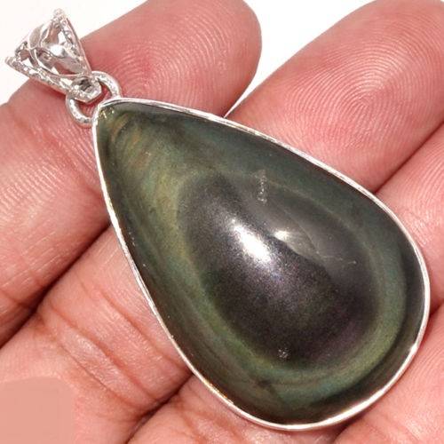Pendentif protection obsidienne oeil celeste monture argent 925 r 5027