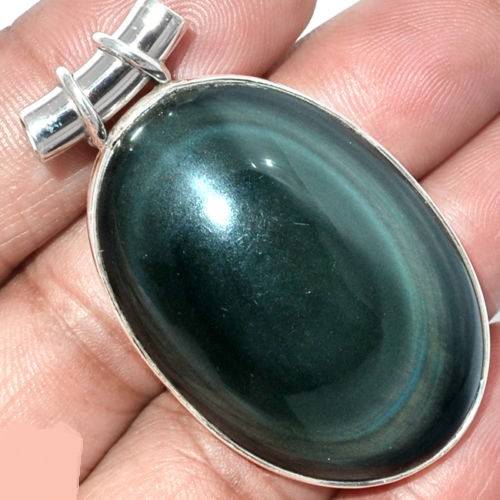 Pendentif protection obsidienne oeil celeste monture argent 925 ref 2296