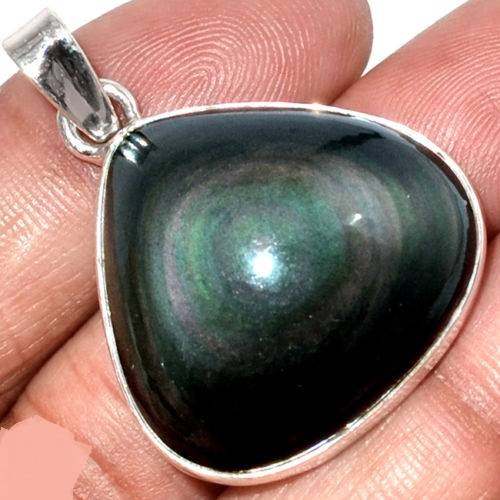 Pendentif protection obsidienne oeil celeste monture argent 925 ref 9986