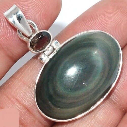 Pendentif obsidienne oeil celeste quartz fumé argent 925 ref 0440