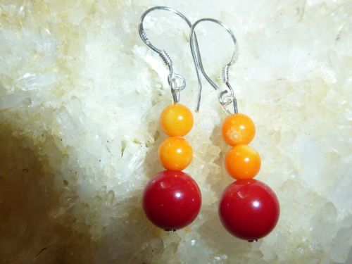 BOUCLES D'OREILLES CORAIL ROUGE JAUNE ORANGE VERITABLE 8-4 mm