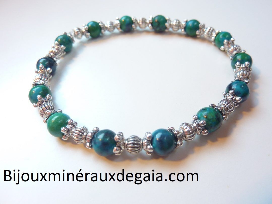 Bracelet azurite chrysocolle perles rondes à 6 mm
