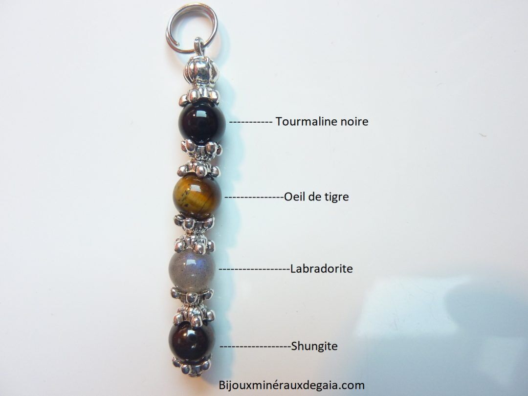 PENDENTIF OEIL DE TIGRE-LABRADORITE-TOURMALINE-SHUNGITE