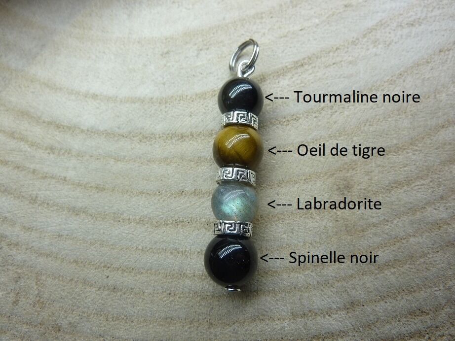 Pendentif oeil de tigre labradorite tourmaline noire spinelle noire 8mm