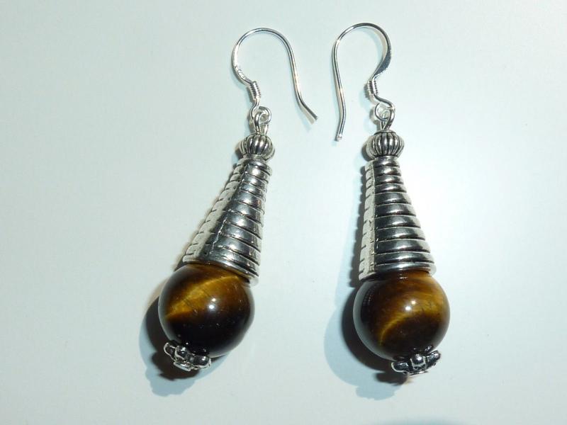 Boucles d'oreilles  pierres naturelles oeil de tigre perles rondes 12mm