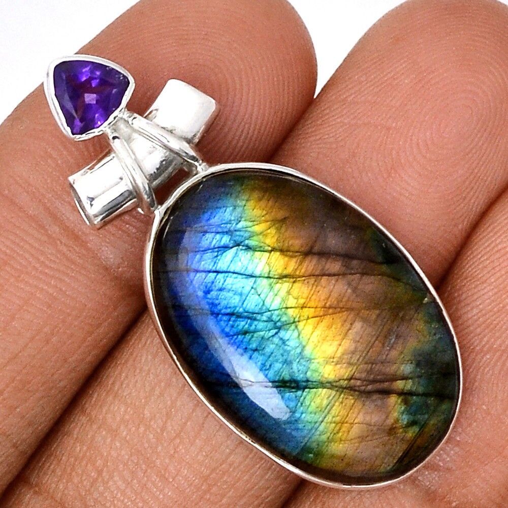 Pendentif protection labradorite et améthyste monture argent 925 ref 3844