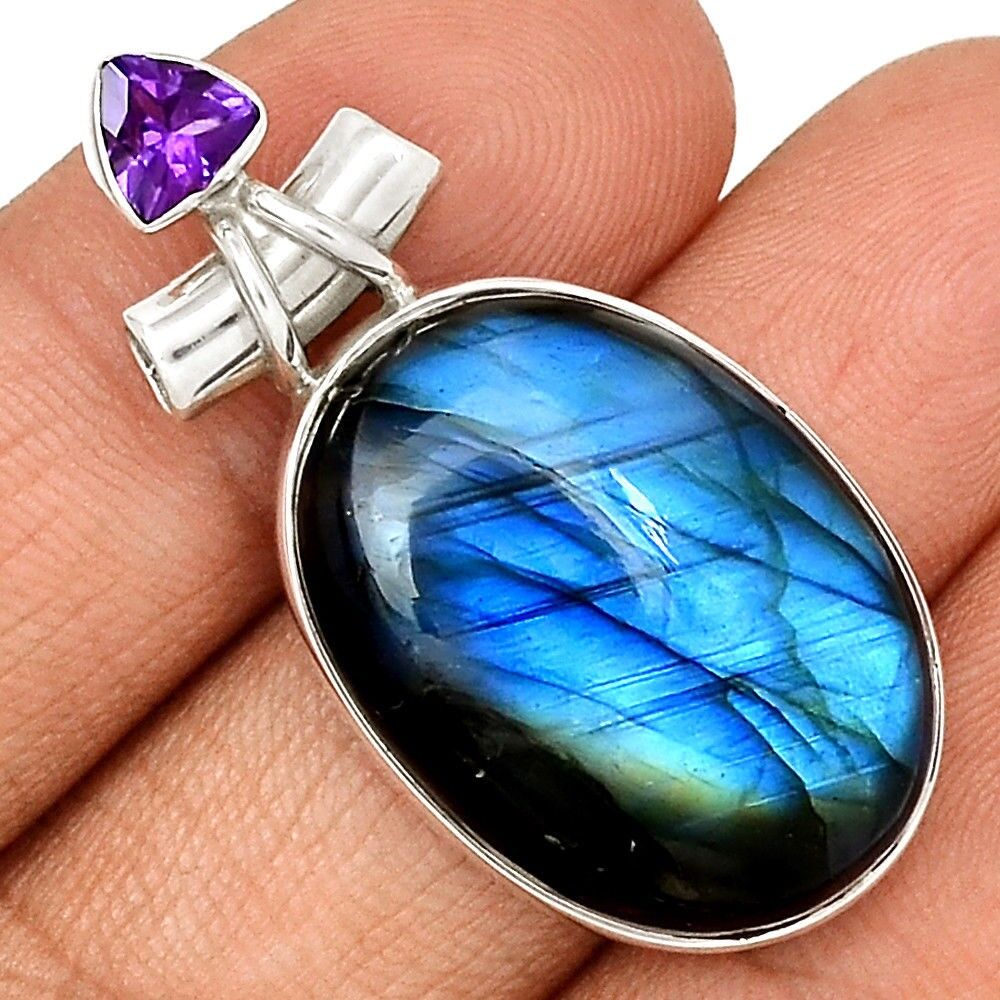 Pendentif protection labradorite et améthyste monture argent 925 ref 8304