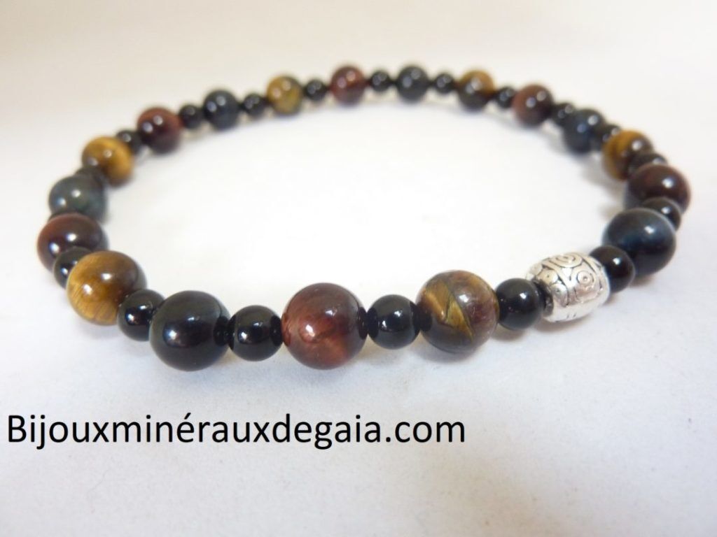 BRACELET OEIL DE TIGRE-FAUCON-TAUREAU-TOURMALINE NOIRE