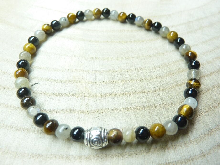 BRACELET OEIL DE TIGRE-LABRADORITE-TOURMALINE NOIRE 4 MM