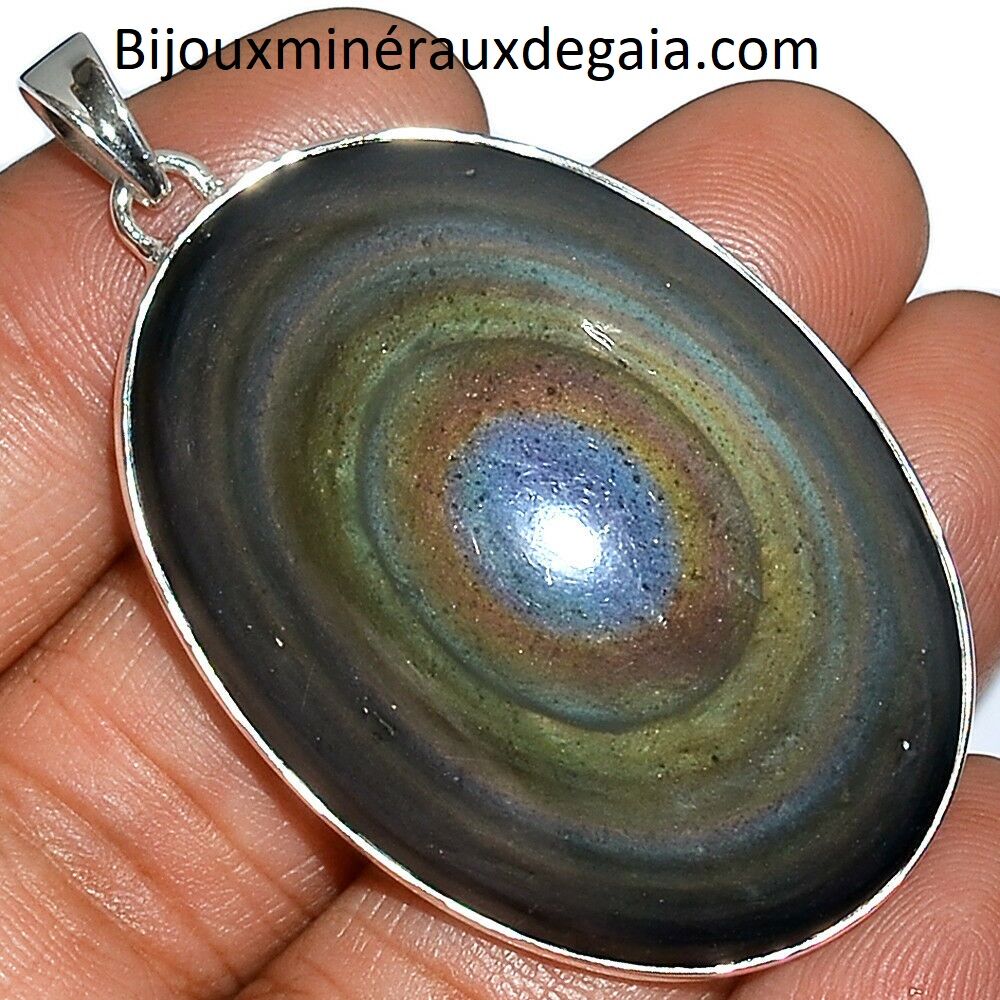 Pendentif protection obsidienne oeil celeste monture argent 925 ref 6558