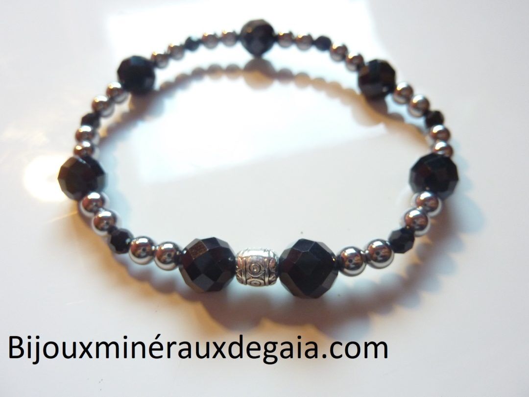 BRACELET SPINELLE NOIR-HEMATITE PERLES RONDES 8-4 MM