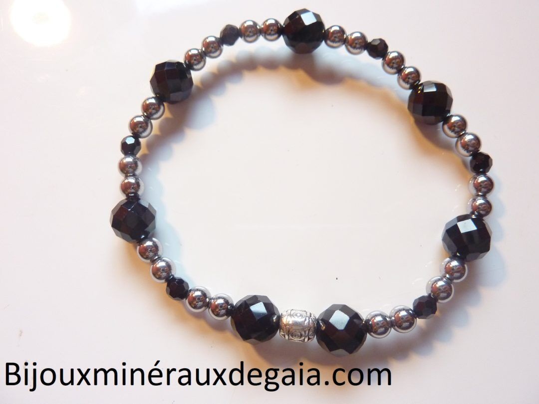BRACELET SPINELLE NOIR-HEMATITE PERLES RONDES 8-4 MM