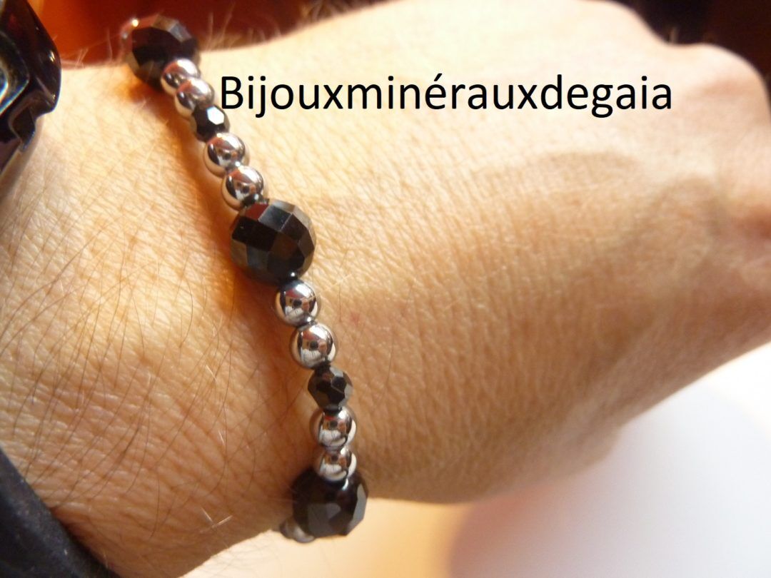 BRACELET SPINELLE NOIR-HEMATITE PERLES RONDES 8-4 MM