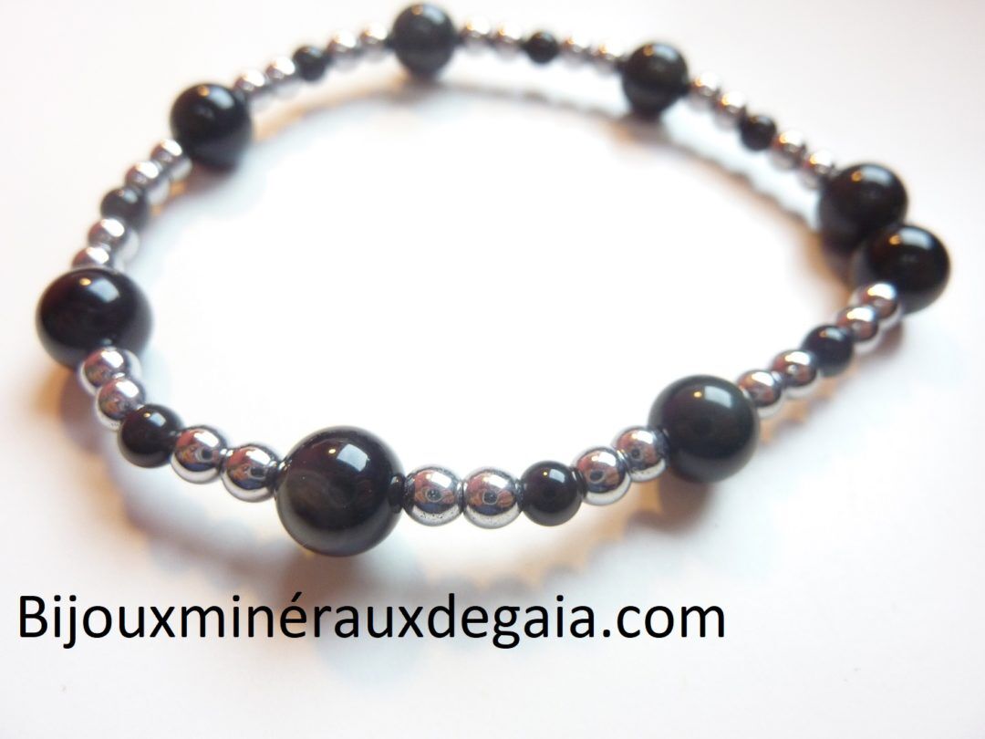 Bracelet obsidienne oeil céleste-Hématite perles rondes 8-4 mm