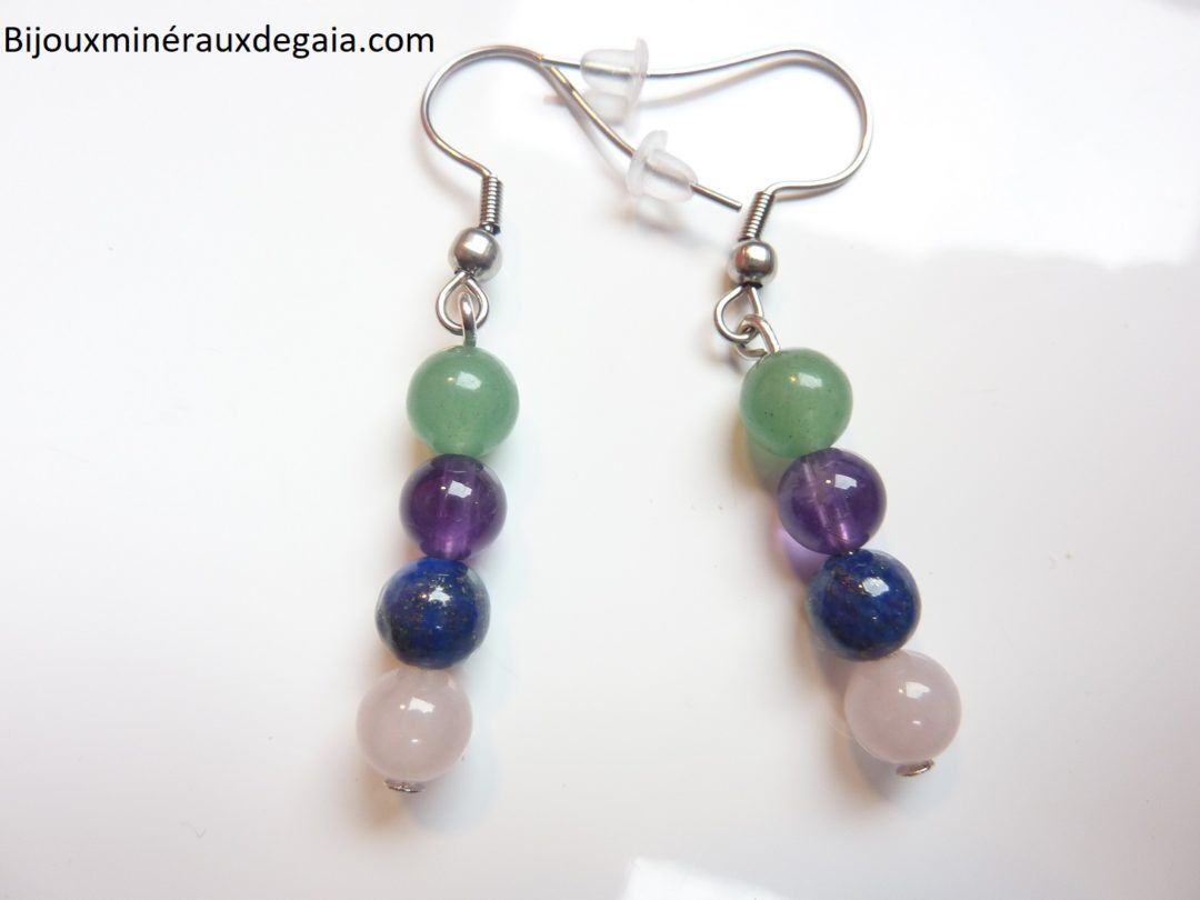 Boucles d'oreilles Améthyste-Lapis lazuli-Quartz rose-Aventurine perles 6 mm