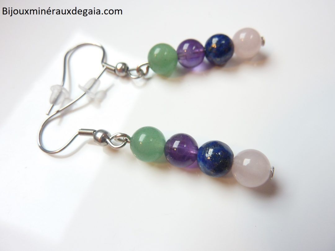 Boucles d'oreilles Améthyste-Lapis lazuli-Quartz rose-Aventurine perles 6 mm