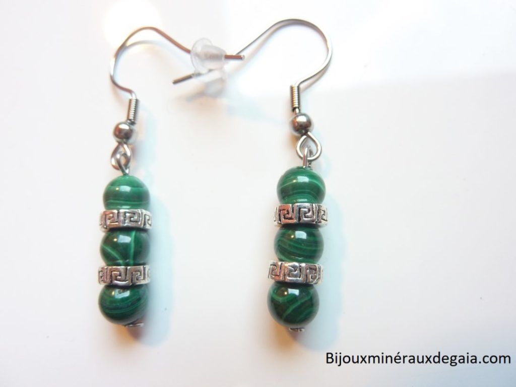 BOUCLES D'OREILLES MALACHITE PERLES RONDES 6 MM
